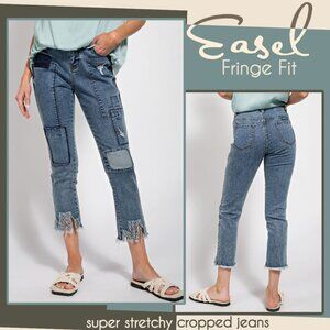 EASEL Stretchy & Comfortable Distressed Cropped Jeans Fringe Patches Great Fit